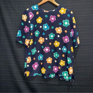 Jaeger Navy Blue Multicolor Flower Short Sleeve 100% Silk Top Shirt 35 in Small